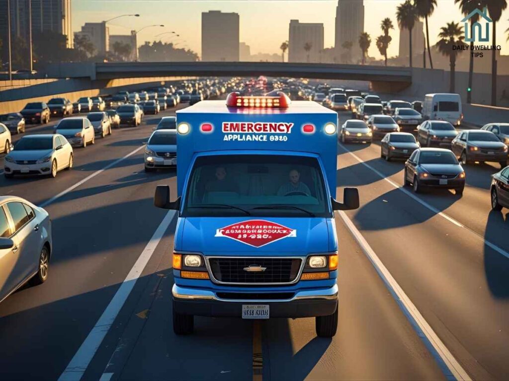 Emergency appliance repair van navigating Los Angeles traffic congestion