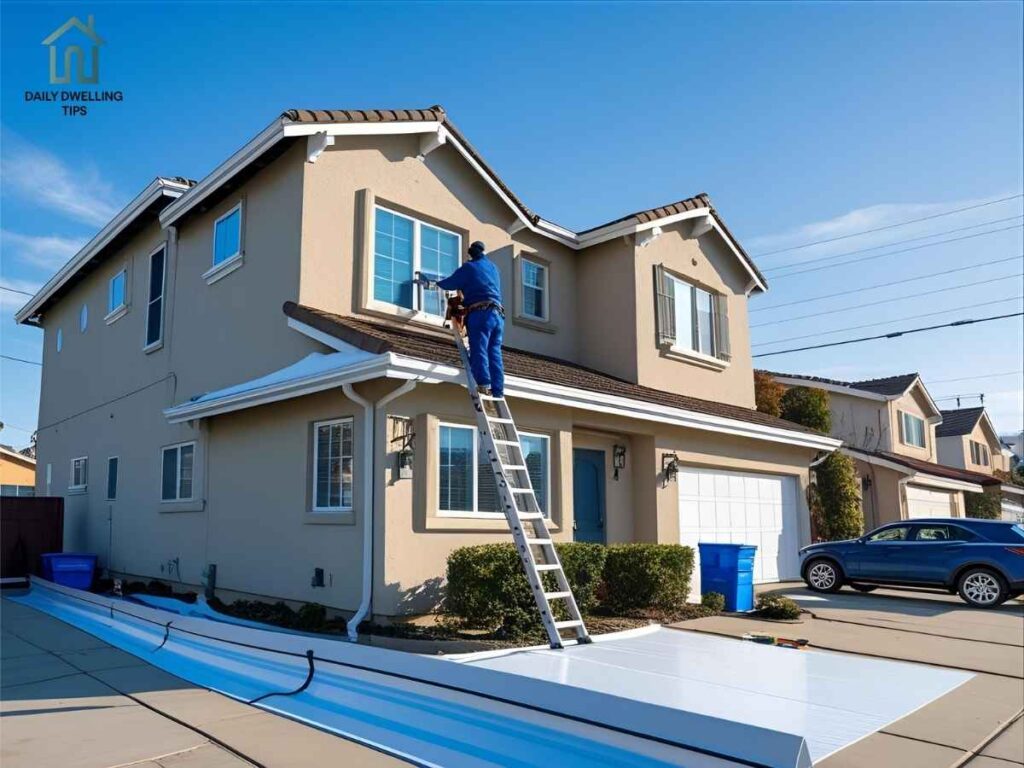 Gutter guard installation on a two-story Los Angeles house in winter