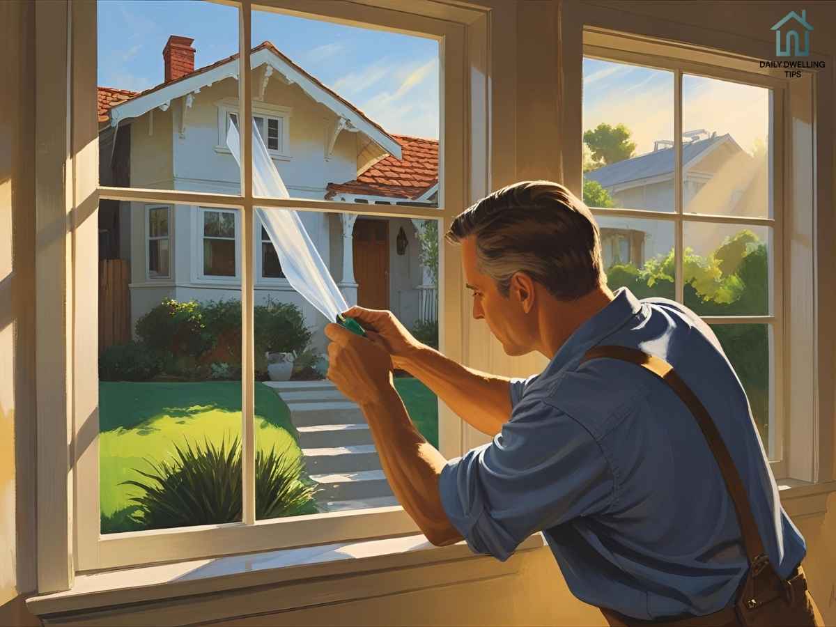 Homeowner sealing drafty window frame in Los Angeles bungalow