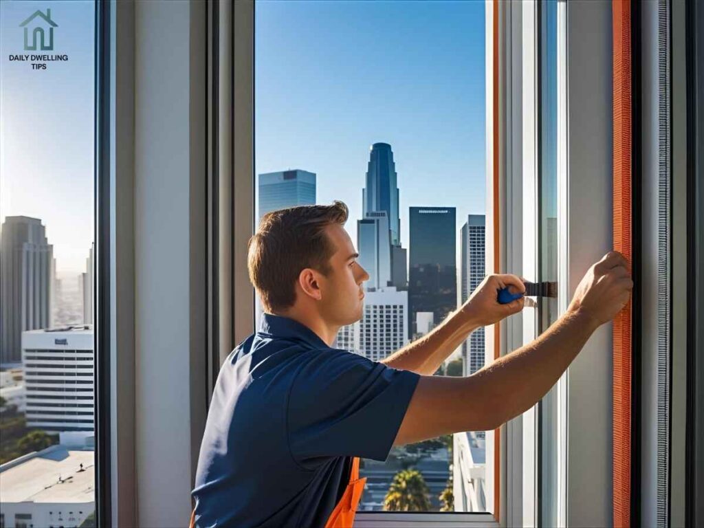 Improving Home Insulation in Los Angeles: Window Sealing Solutions 2 Homeowner sealing drafty window frame in Los Angeles bungalow