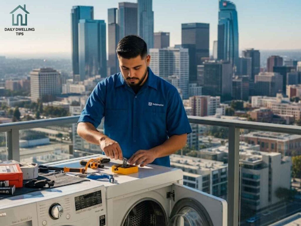 Top-Rated Washer & Dryer Repairs for High-Rise Living: Fixing Your Fridge – Los Angeles Appliance Repair Costs Explained 1 Los Angeles high-rise technician repairing washer and dryer unit