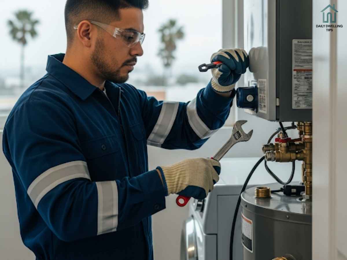 Technician performing water heater maintenance in Los Angeles home during winter