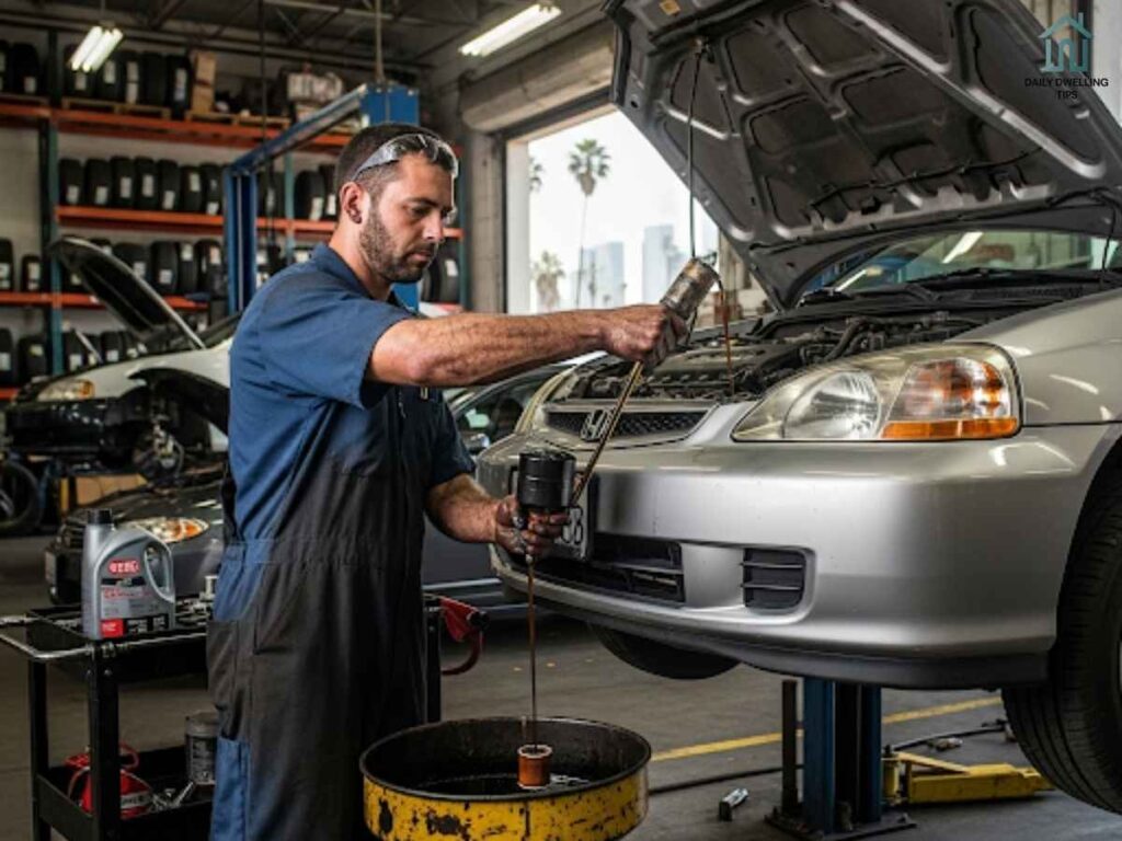Mechanic performing oil change on car engine in Los Angeles auto shop