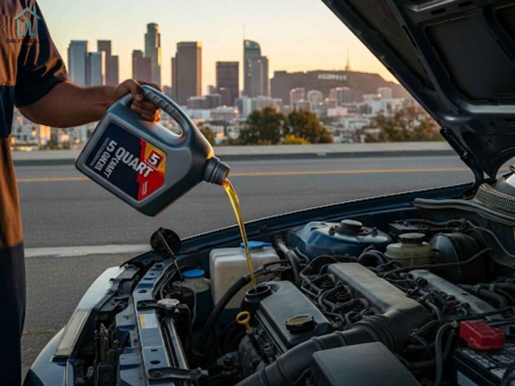 Pouring motor oil into car engine with Los Angeles city skyline background