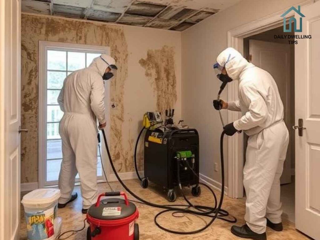 Golden Shore Mold Remediation Companies: Your LA Guide to Safe, Healthy Homes 1 Golden Shore mold remediation team treating mold in a Los Angeles residential property with specialized equipment