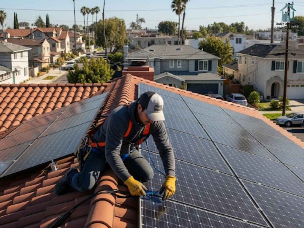 How to Choose a Solar Installer in Scripps Ranch, Los Angeles 2 Certified solar installer working on solar panels in Los Angeles Scripps Ranch neighborhood