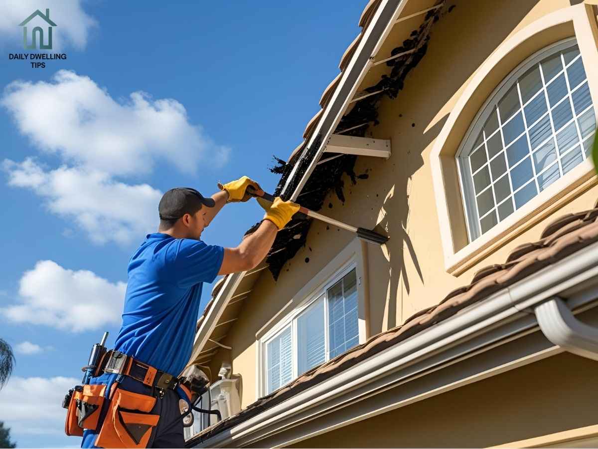Technician cleaning clogged gutters on a Rancho Penasquitos home in Los Angeles