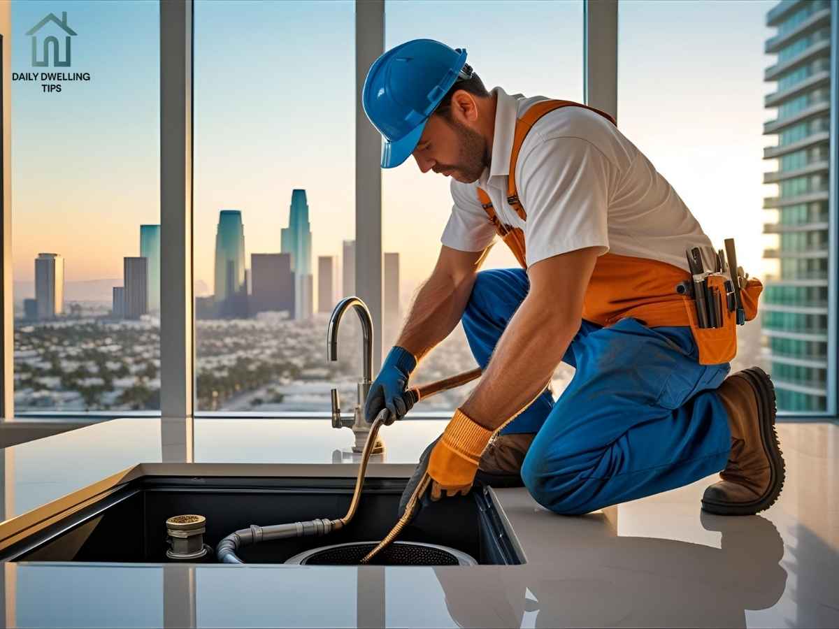 Professional plumber fixing clogged drain in Los Angeles condo